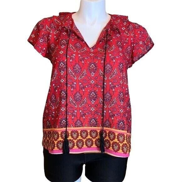 W5 Womens Blouse Top Ruffled V Neck Collar Relaxed Fit Short Sleeve Red Large - Picture 1 of 8
